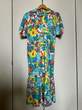 Vintage 1970s SHAKTI Cotton Floral Button-Front Mermaid Dress Turquoise Yellow S